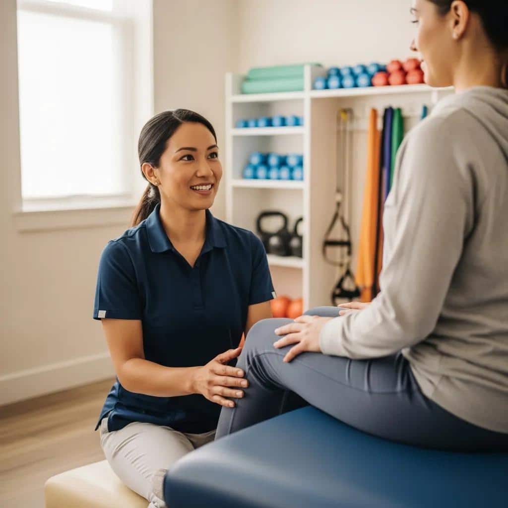 Physical therapist assisting a patient during rehabilitation, focusing on pelvic floor recovery after endometriosis surgery, in a well-equipped therapy space.