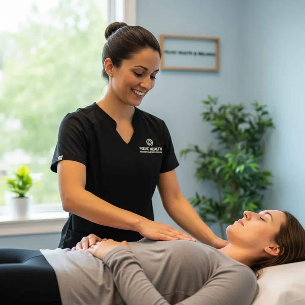 Physical therapist guiding a patient through diaphragmatic breathing to reduce pelvic tension