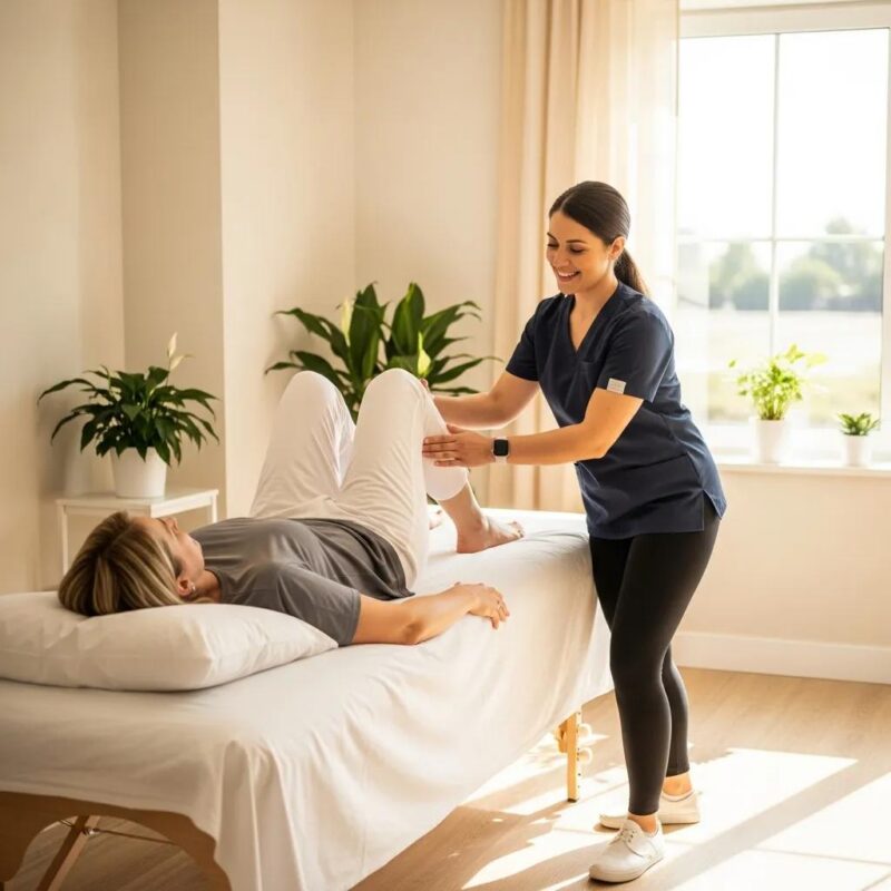 Physical therapist guiding a patient through pelvic‑floor rehabilitation for endometriosis pain