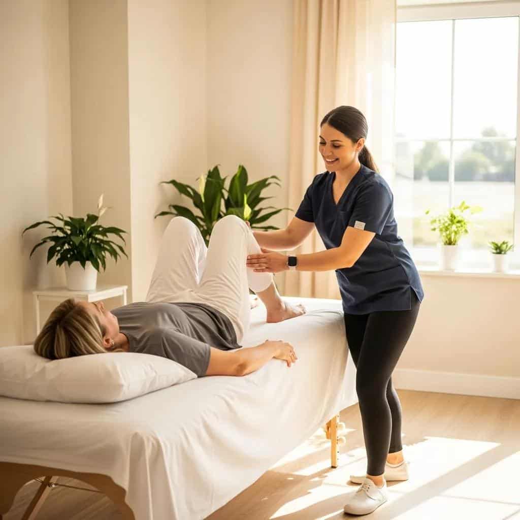 Physical therapist guiding a patient through pelvic‑floor rehabilitation for endometriosis pain