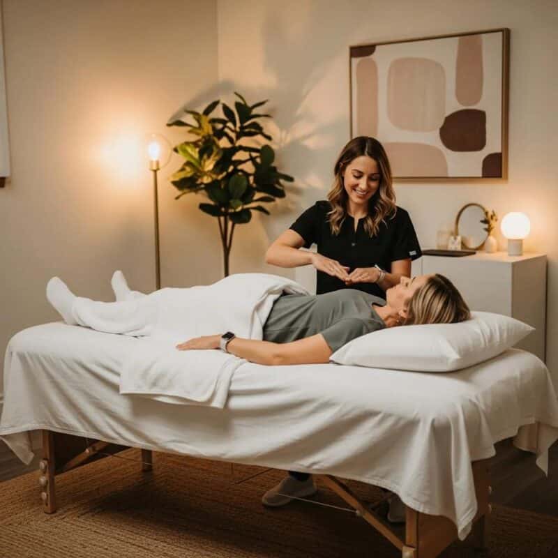 Physical therapy session for endometriosis relief with therapist and patient