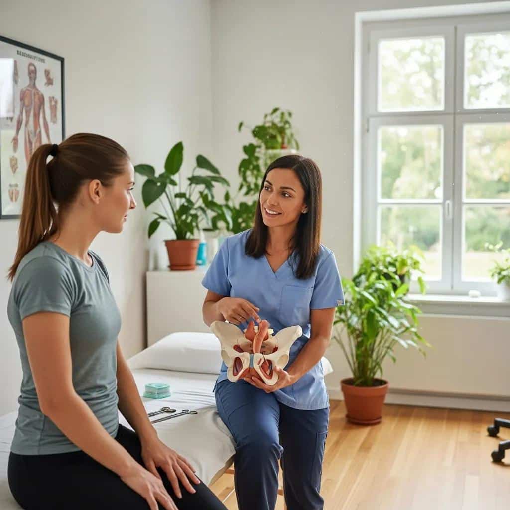 Therapist demonstrating pelvic floor exercises to a patient in a clinical setting, highlighting the importance of physical therapy for endometriosis management.