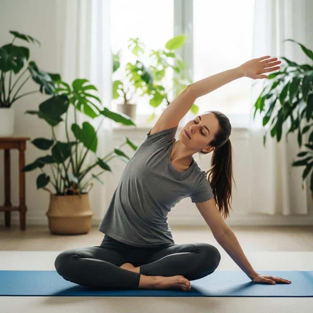 Woman practicing gentle yoga for endometriosis recovery in a peaceful indoor environment
