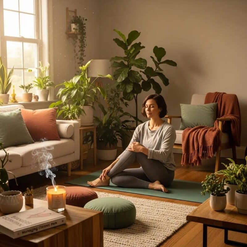 Woman practicing mindfulness in a cozy living room to manage endometriosis pain