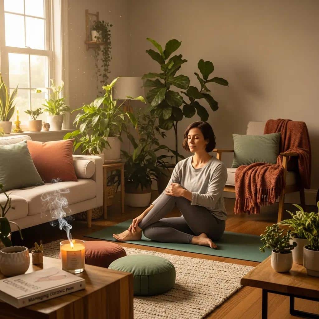 Woman practicing mindfulness in a cozy living room to manage endometriosis pain