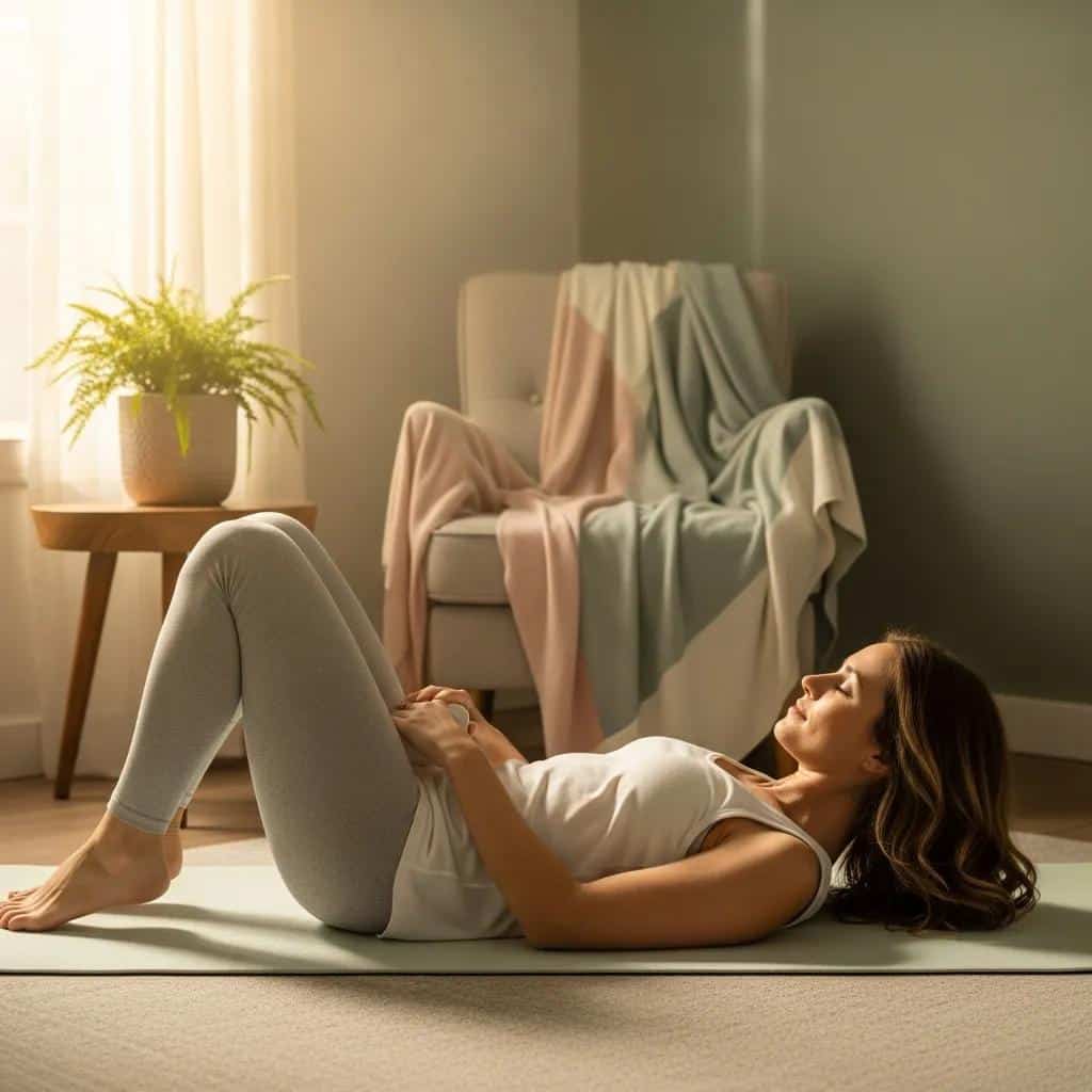 Woman practicing pelvic floor exercises in a tranquil home setting
