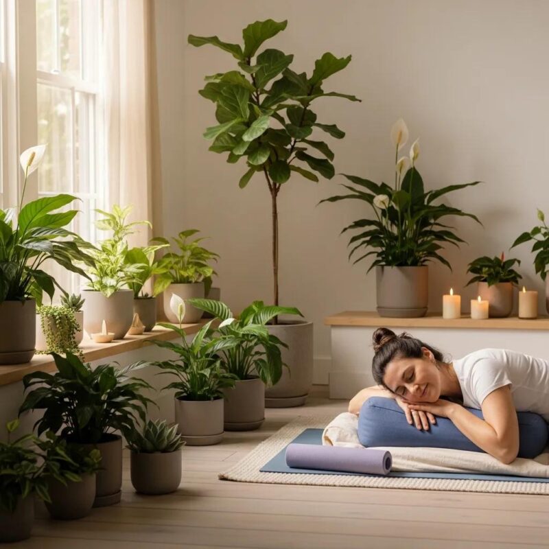 Woman practicing yoga in a peaceful setting, representing relief from endometriosis pain