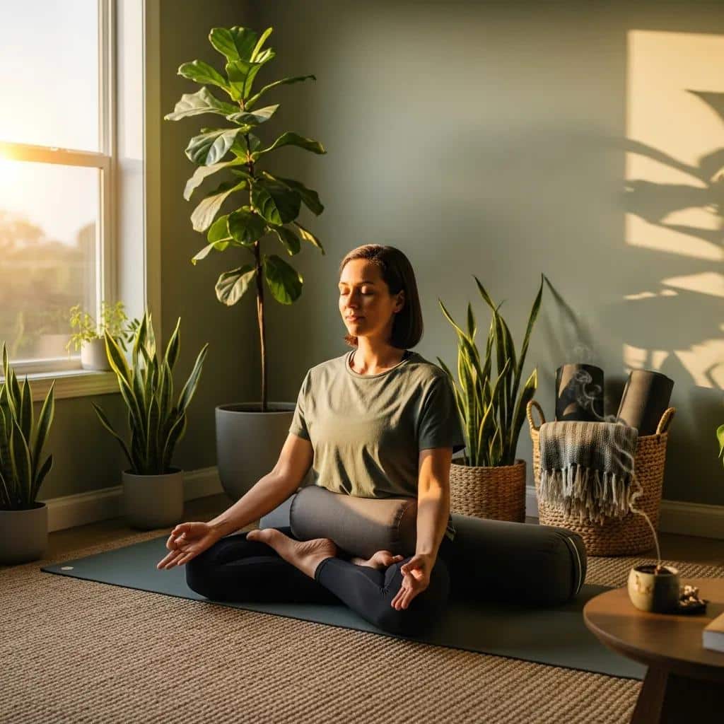Woman practicing yoga in a serene environment, emphasizing relaxation and mindfulness for endometriosis relief