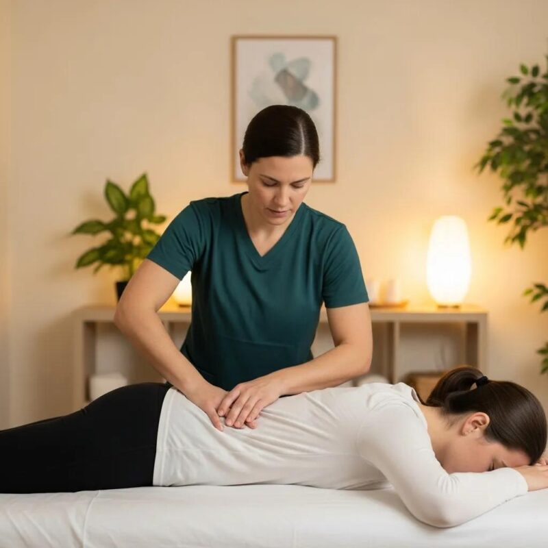 Woman receiving manual therapy for endometriosis pain relief in a calming therapy room