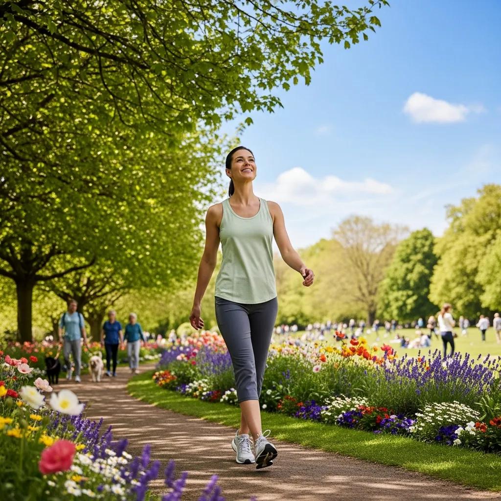 woman walking in a park illustrating the benefits of gentle walking as a traditional exercise for endometriosis management 7bd16968 8fef 4e43 a3eb 5251b1e28946webp - Rachael Haverland Site Person walking in a park to support low-impact conditioning