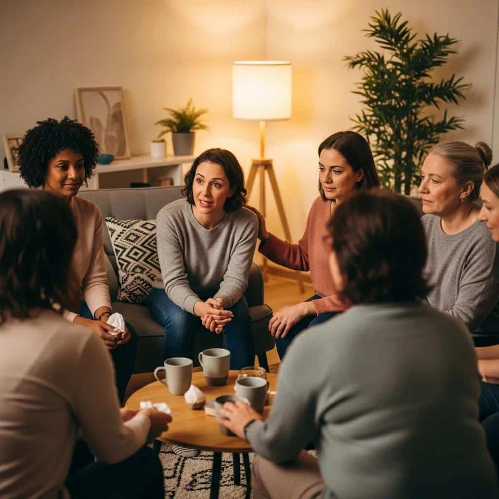 Women engaged in a supportive group therapy session discussing emotional benefits of physical therapy for endometriosis, with focus on connection and shared experiences.