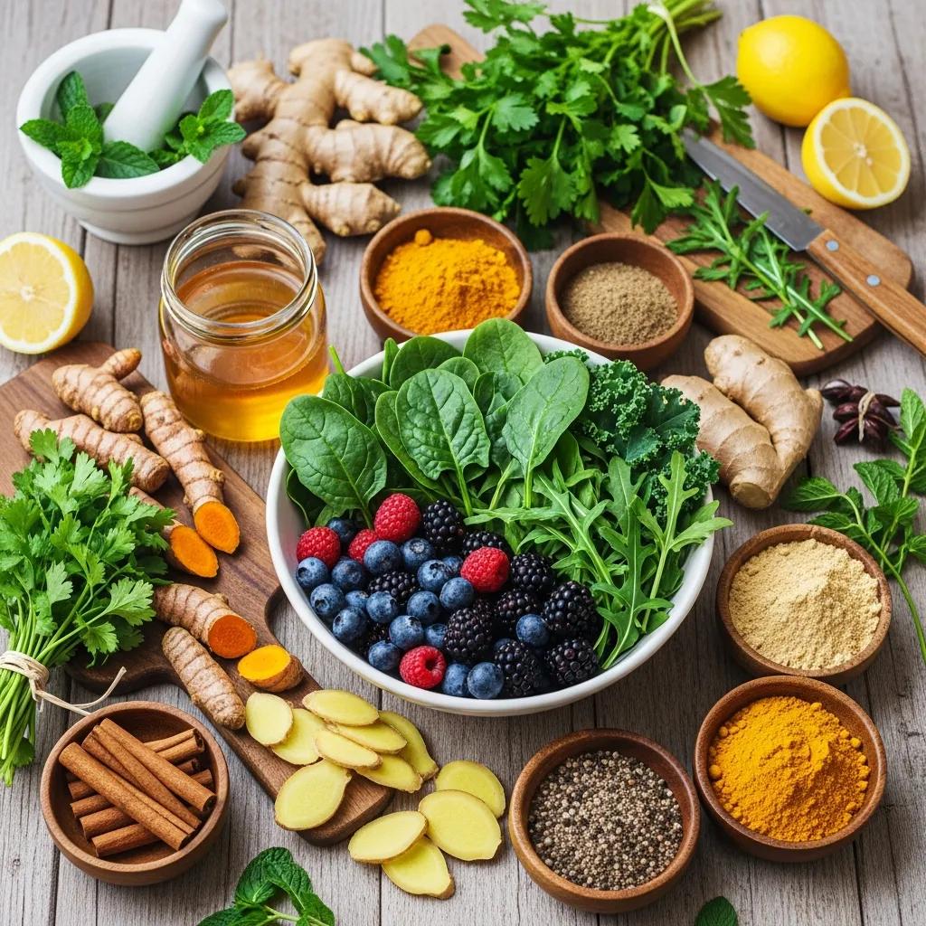 Colorful display of natural remedies including turmeric, ginger, and anti-inflammatory foods for endometriosis relief