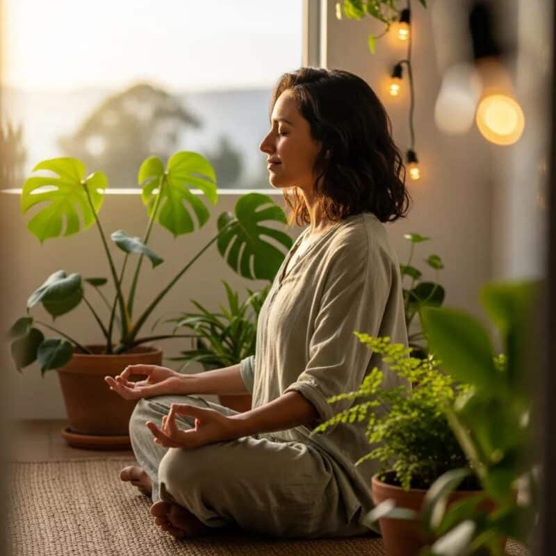 Woman meditating in a peaceful setting, representing the mind-body connection for endometriosis relief