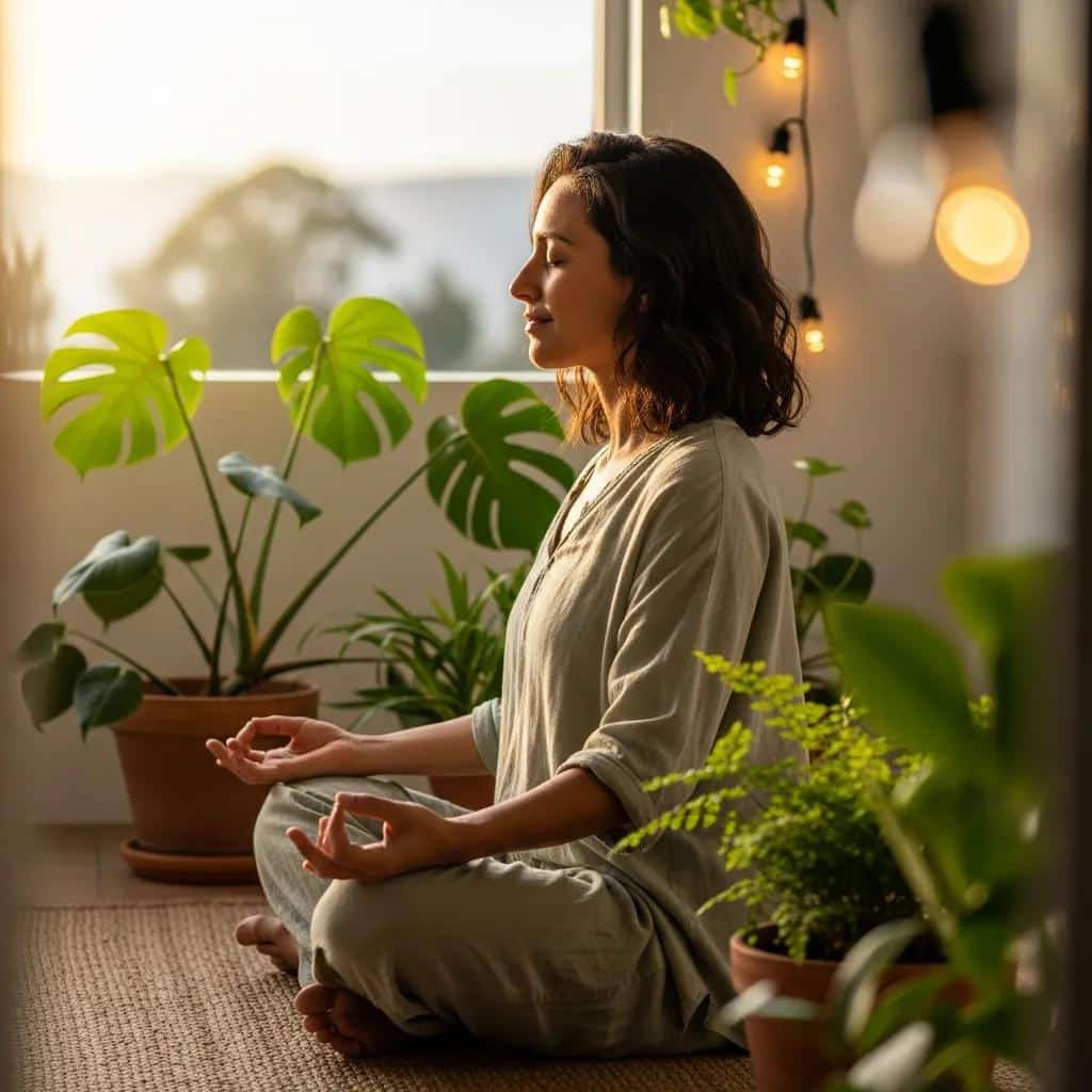 Woman meditating in a peaceful setting, representing the mind-body connection for endometriosis relief
