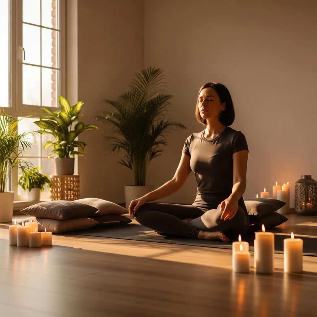 Woman practicing relaxation techniques for pain management in a serene environment