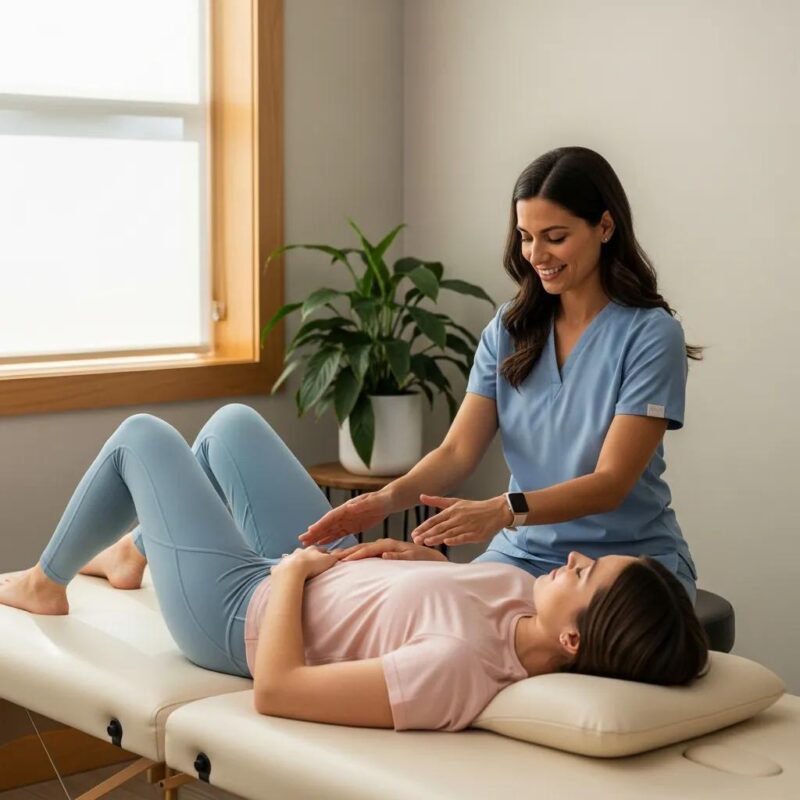 Woman receiving physical therapy for endometriosis pain relief in a calming therapy room, with a therapist providing care and support.