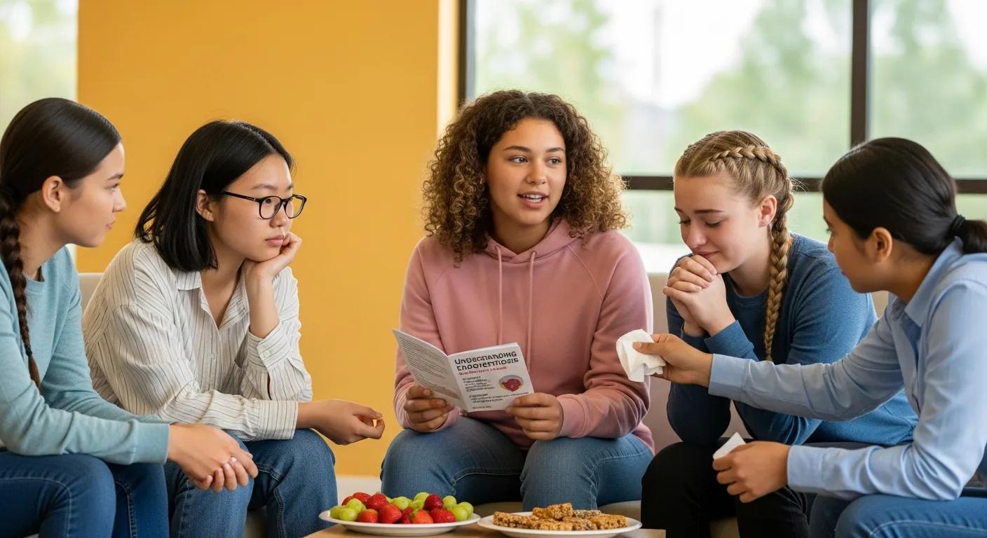 Teenagers engaged in a supportive discussion about managing endometriosis