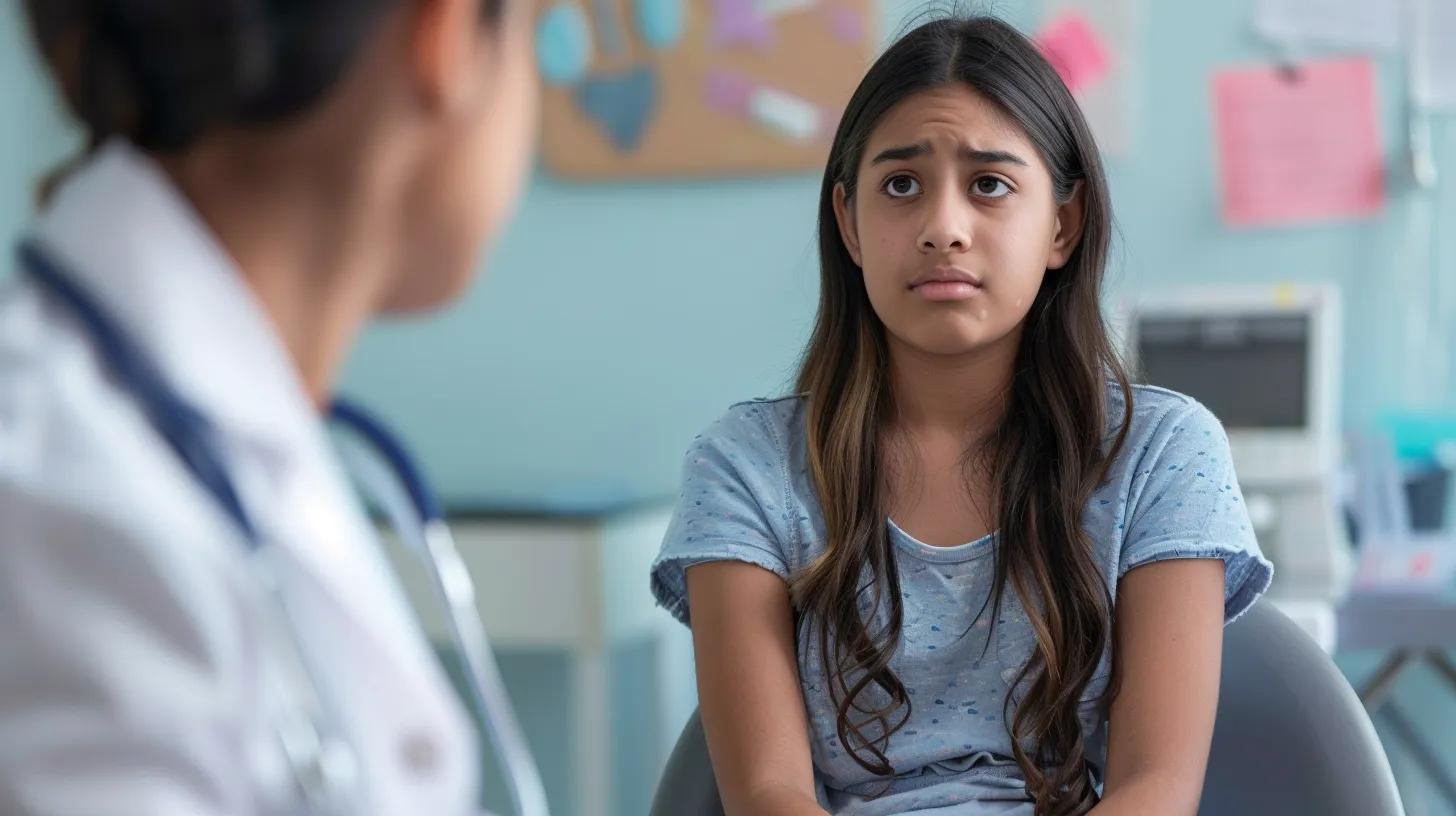 teen girl sitting at doctor's clinic with cramps
