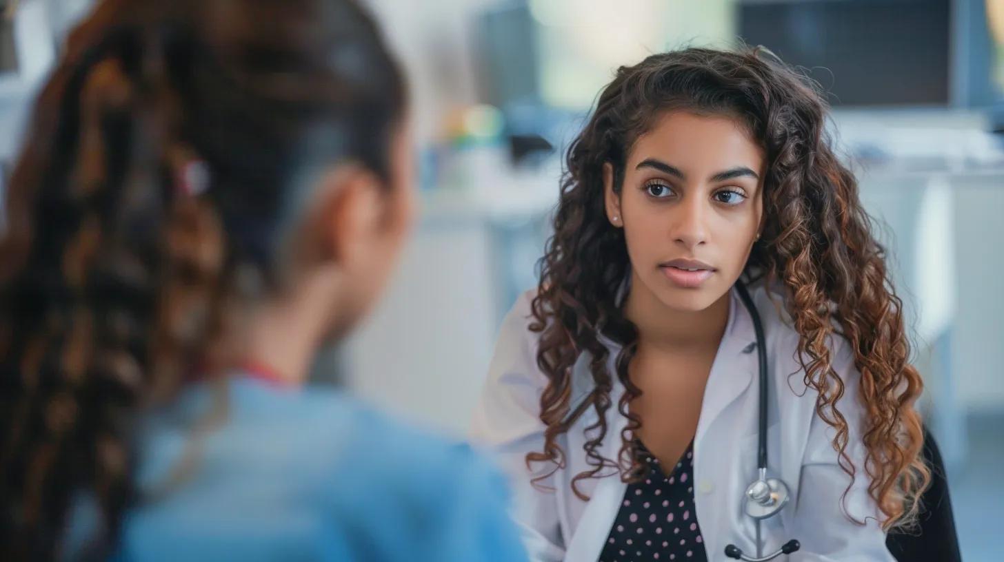 Young female doctor in a white coat with a stethoscope, attentively listening to a patient during a medical consultation about endometriosis testing and treatment options.