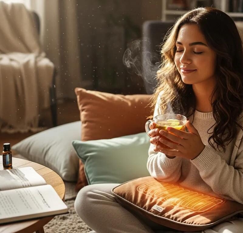 Young woman practicing self-care in a cozy setting, representing support for adolescent endometriosis treatment
