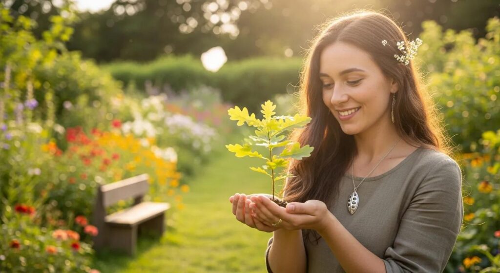 Young woman in a garden holding a plant, symbolizing hope and fertility preservation strategies