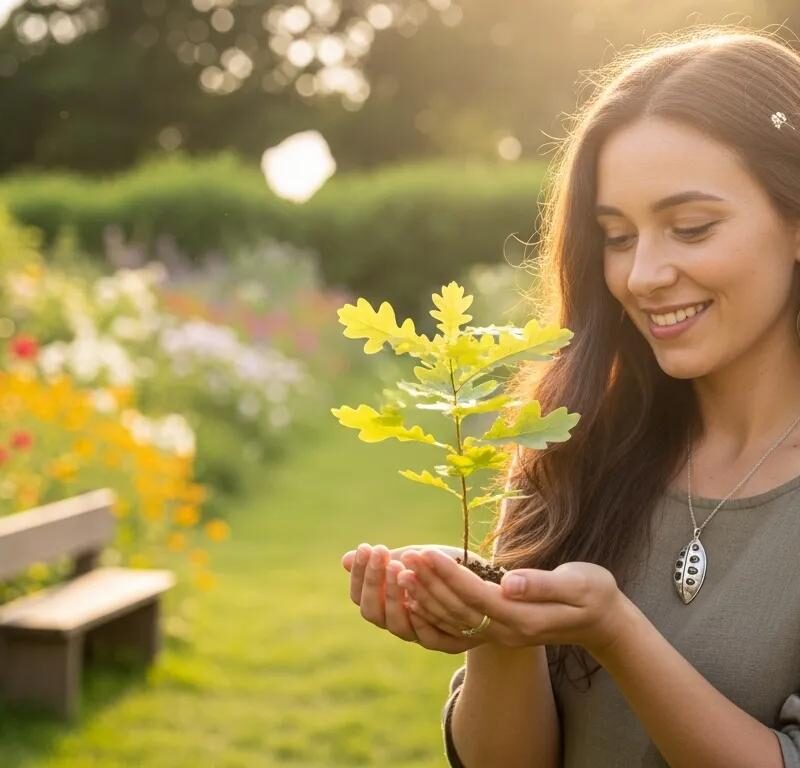 Young woman in a garden holding a plant, symbolizing hope and fertility preservation strategies