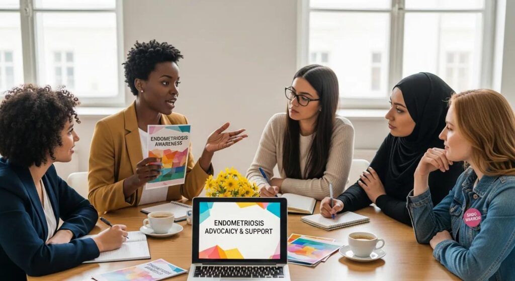 Diverse group of young women discussing endometriosis advocacy in a supportive environment