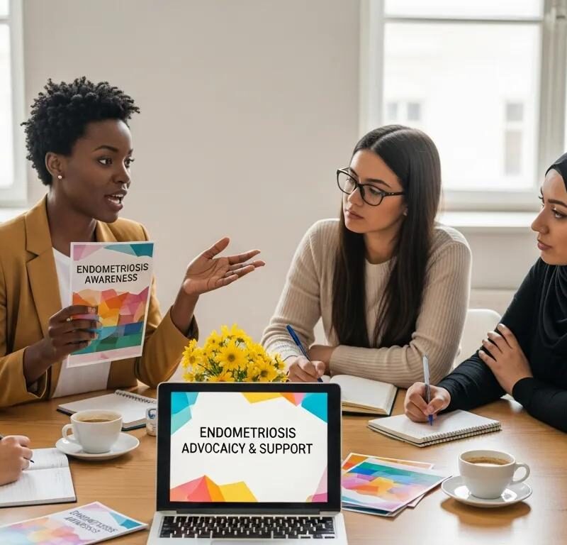 Diverse group of young women discussing endometriosis advocacy in a supportive environment