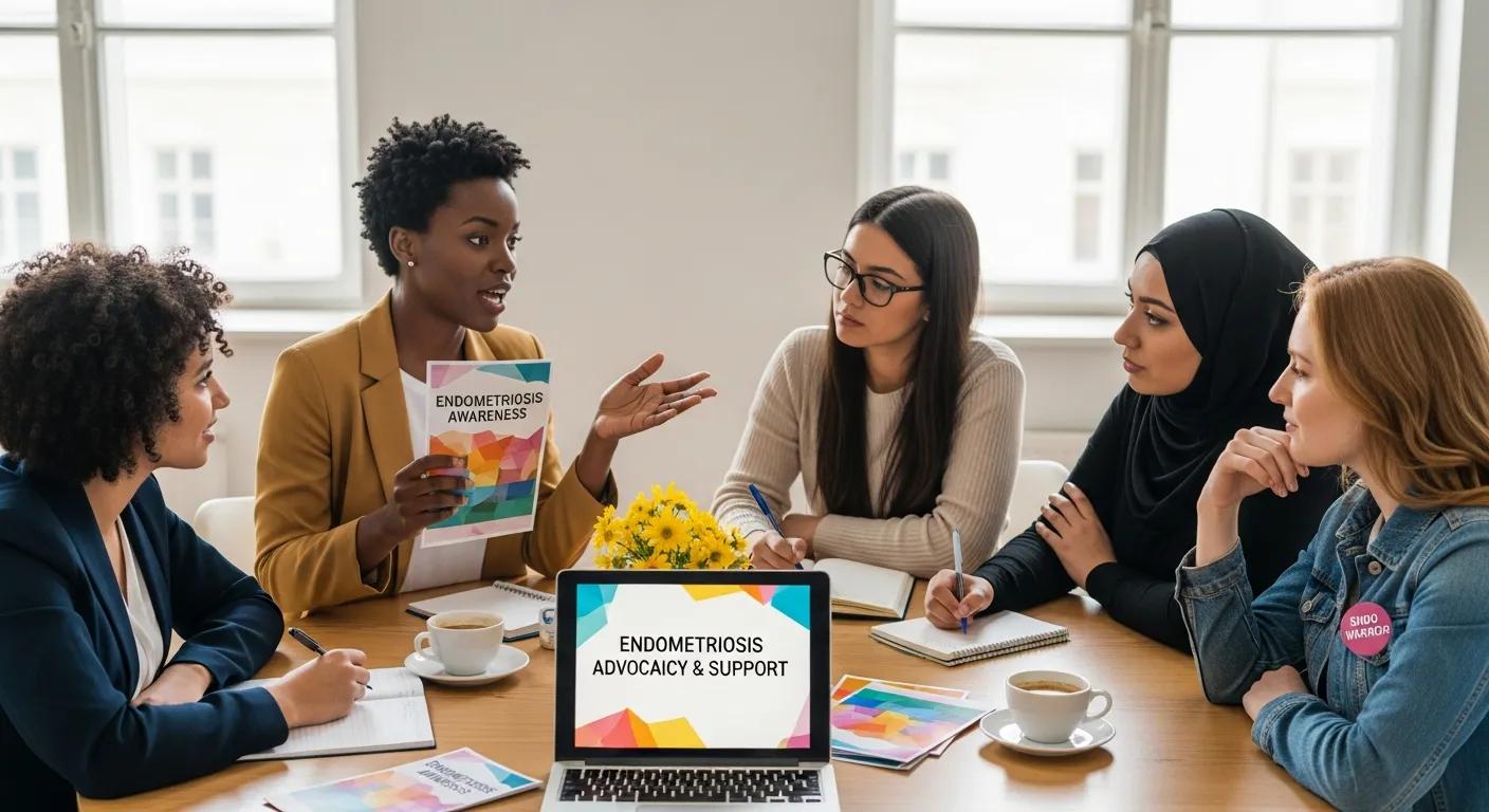 Diverse group of young women discussing endometriosis advocacy in a supportive environment