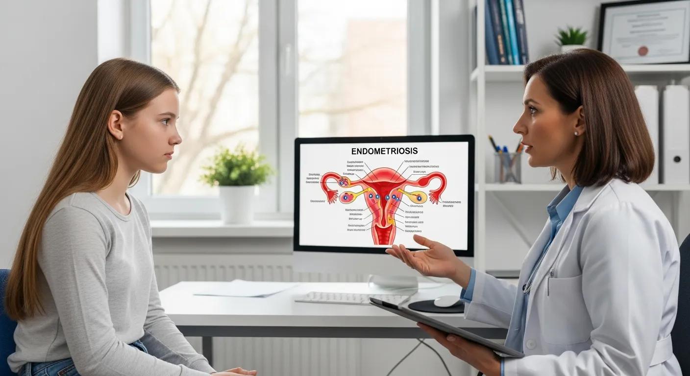 Teenage girl consulting with a doctor about endometriosis, with an anatomical diagram of the female reproductive system on a computer screen, emphasizing the importance of understanding symptoms and seeking medical advice.