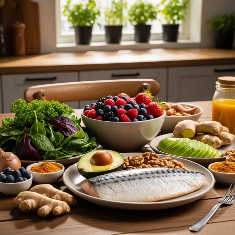 Colorful assortment of foods for endometriosis pain relief including leafy greens, berries, and fatty fish