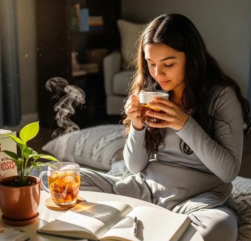 Teen girl engaging in self-care activities related to endometriosis management