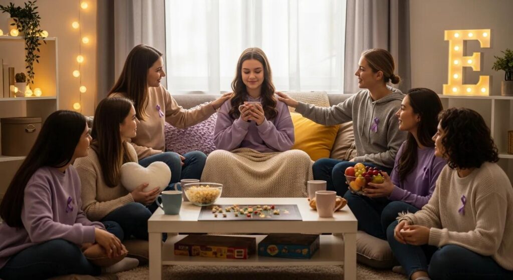Teenage girl with friends in a cozy room, representing support for endometriosis