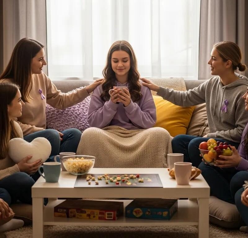 Teenage girl with friends in a cozy room, representing support for endometriosis