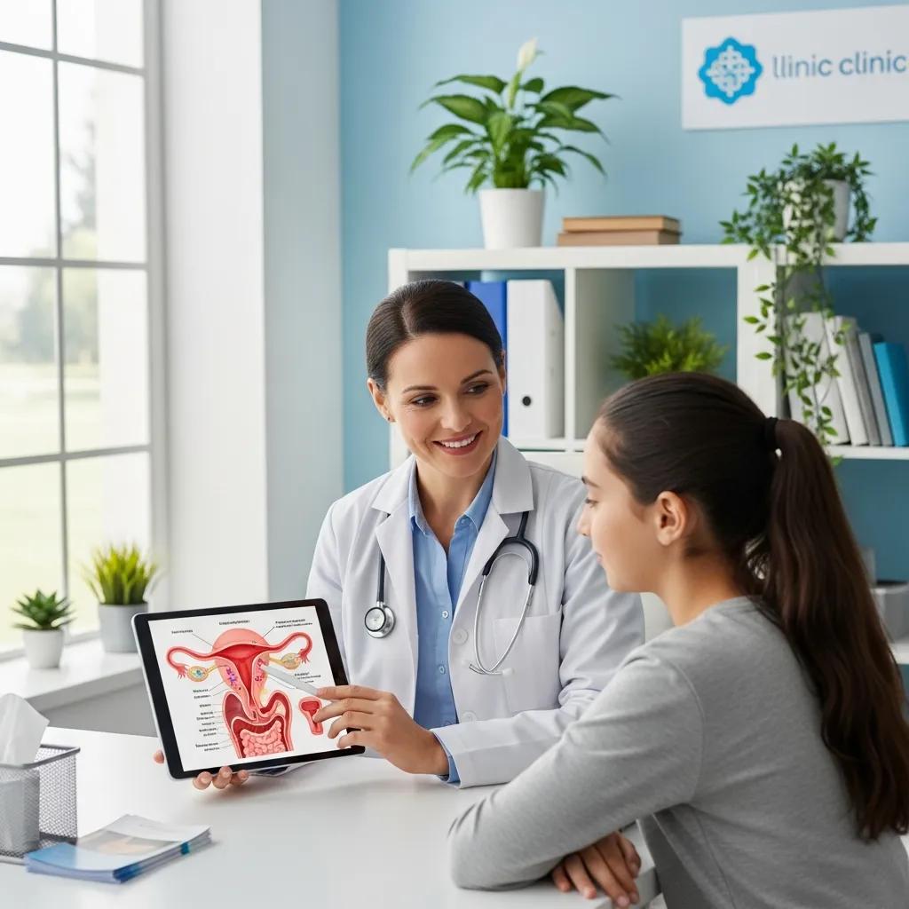 Healthcare professional explaining diagnostic procedures for endometriosis to a teenage girl, emphasizing communication and care