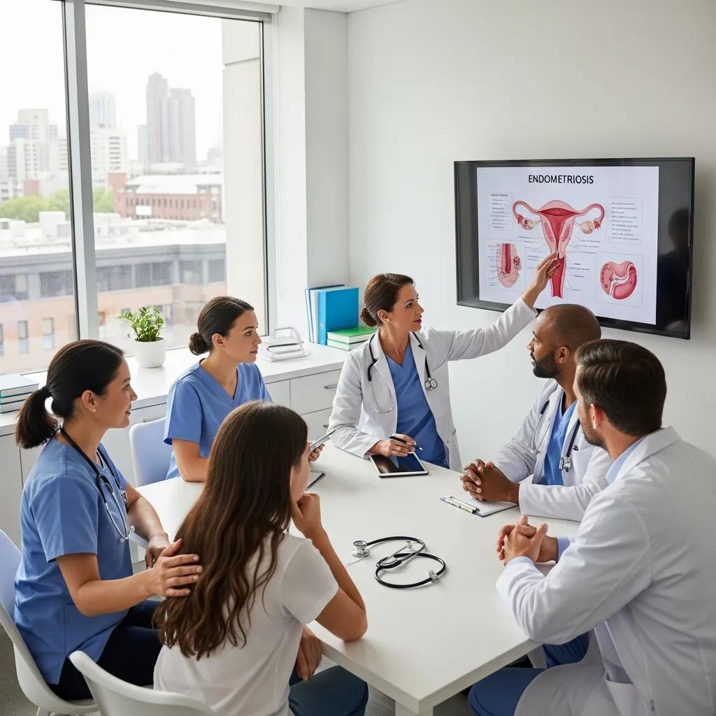 Healthcare professionals collaborating to provide multidisciplinary care for a teenage patient with endometriosis