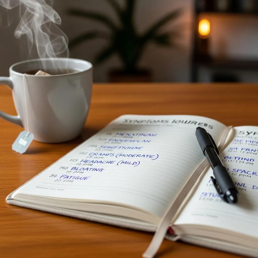 Open symptom journal with notes on endometriosis symptoms and a cup of tea