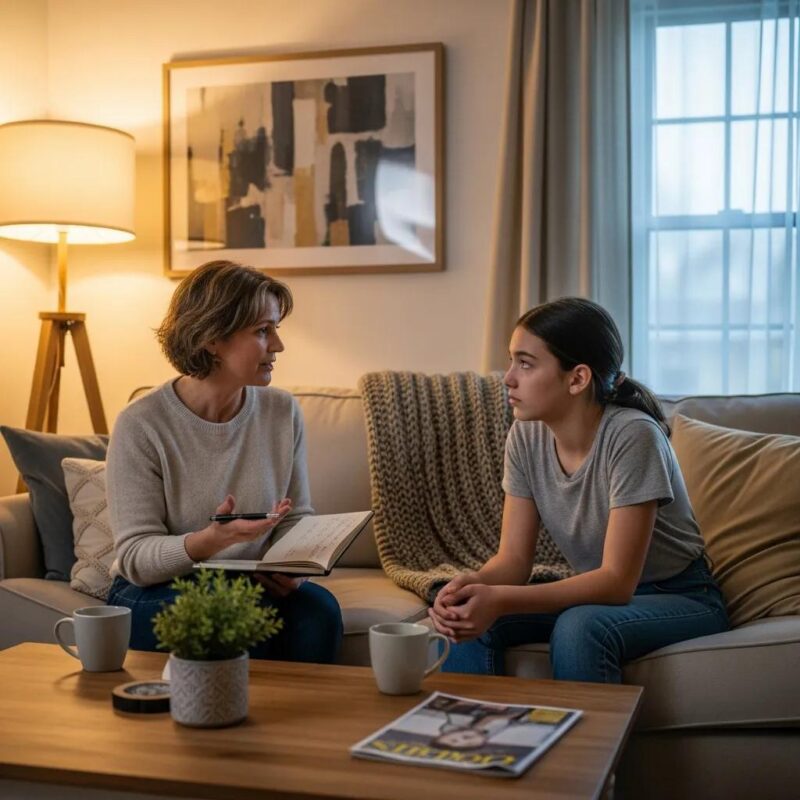 Parent and teen discussing endometriosis symptoms in a cozy living room