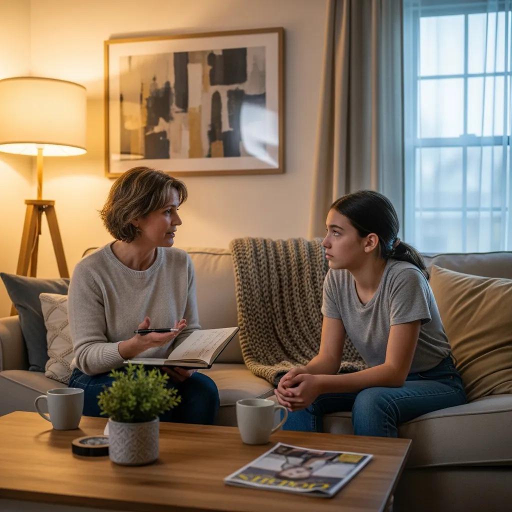 Parent and teen discussing endometriosis symptoms in a cozy living room