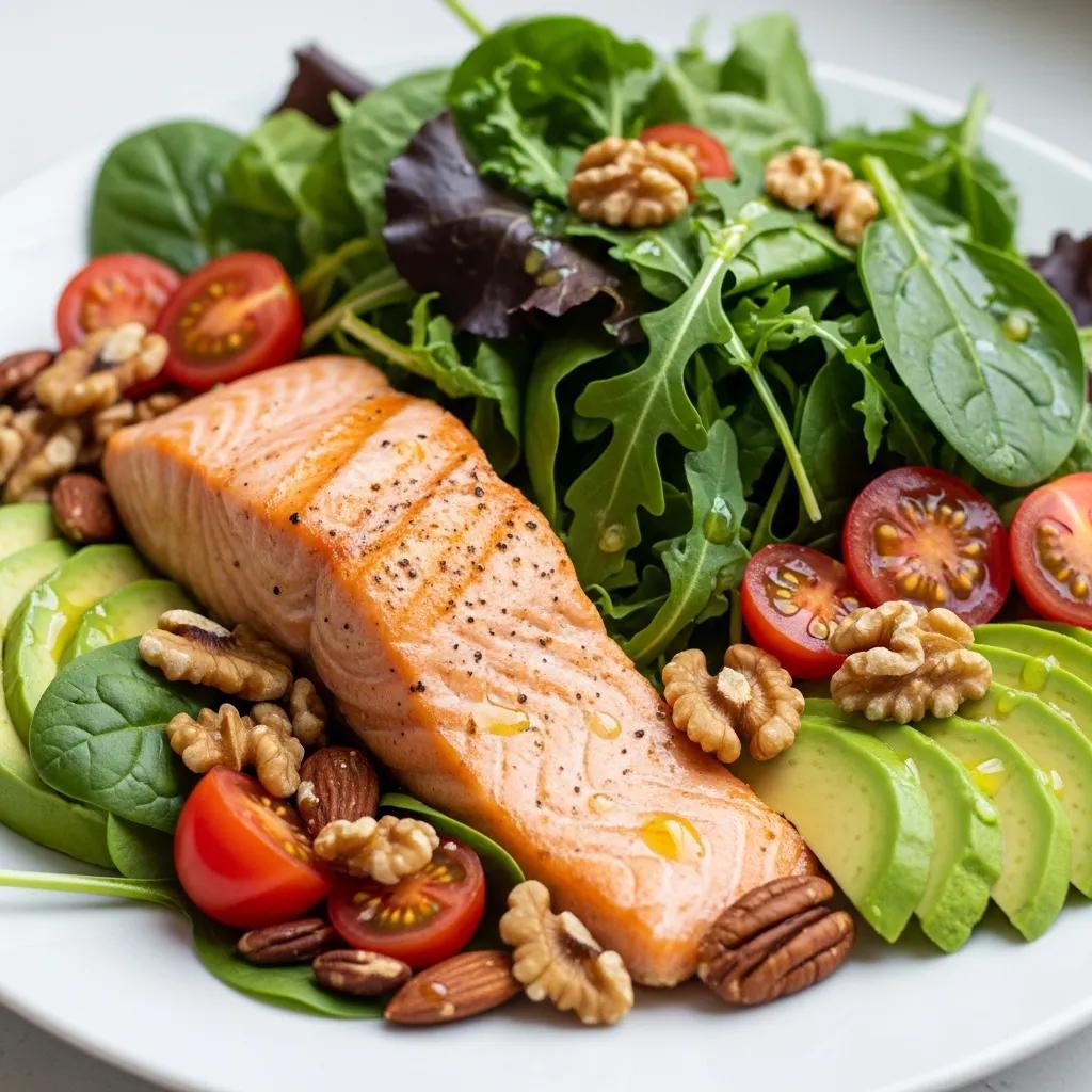 Plate of anti-inflammatory foods including salmon, leafy greens, and nuts, supporting dietary recommendations for endometriosis