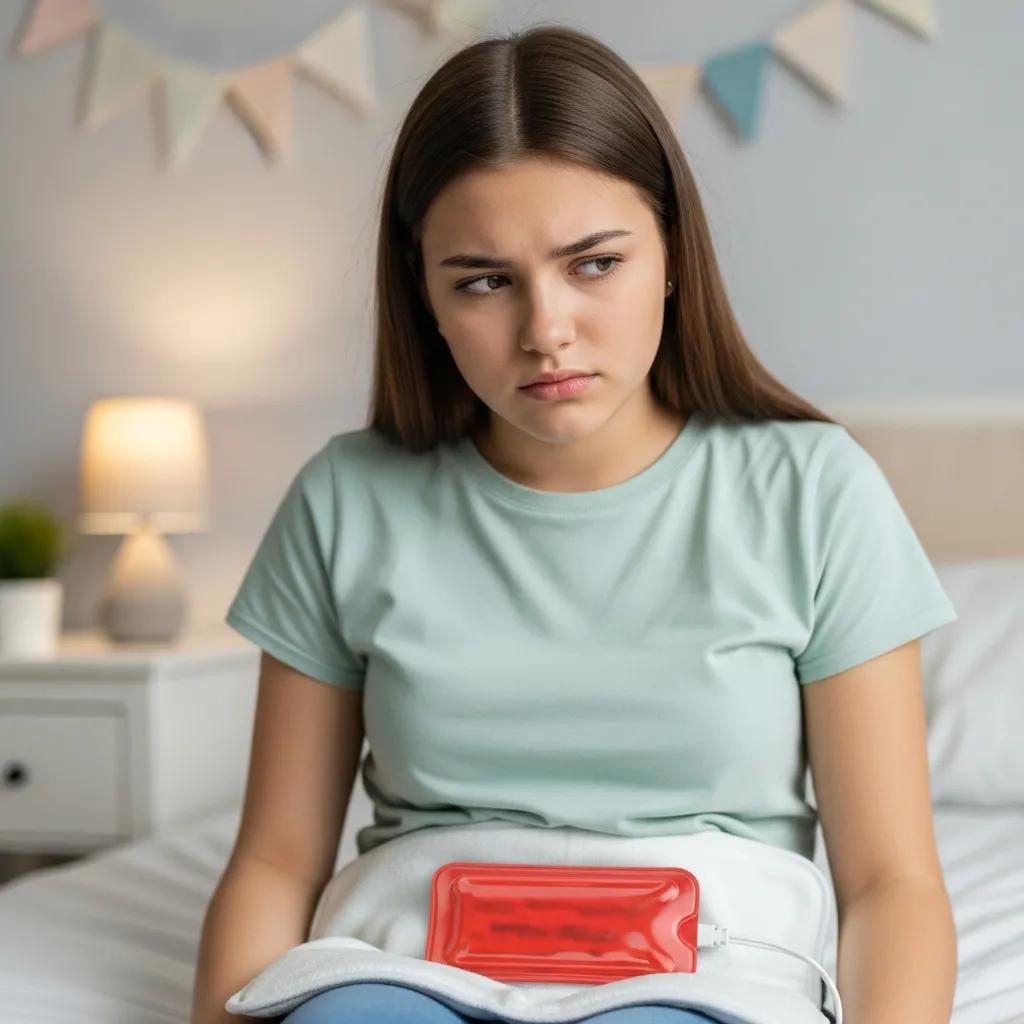 Teen girl using a heating pad to manage endometriosis symptoms