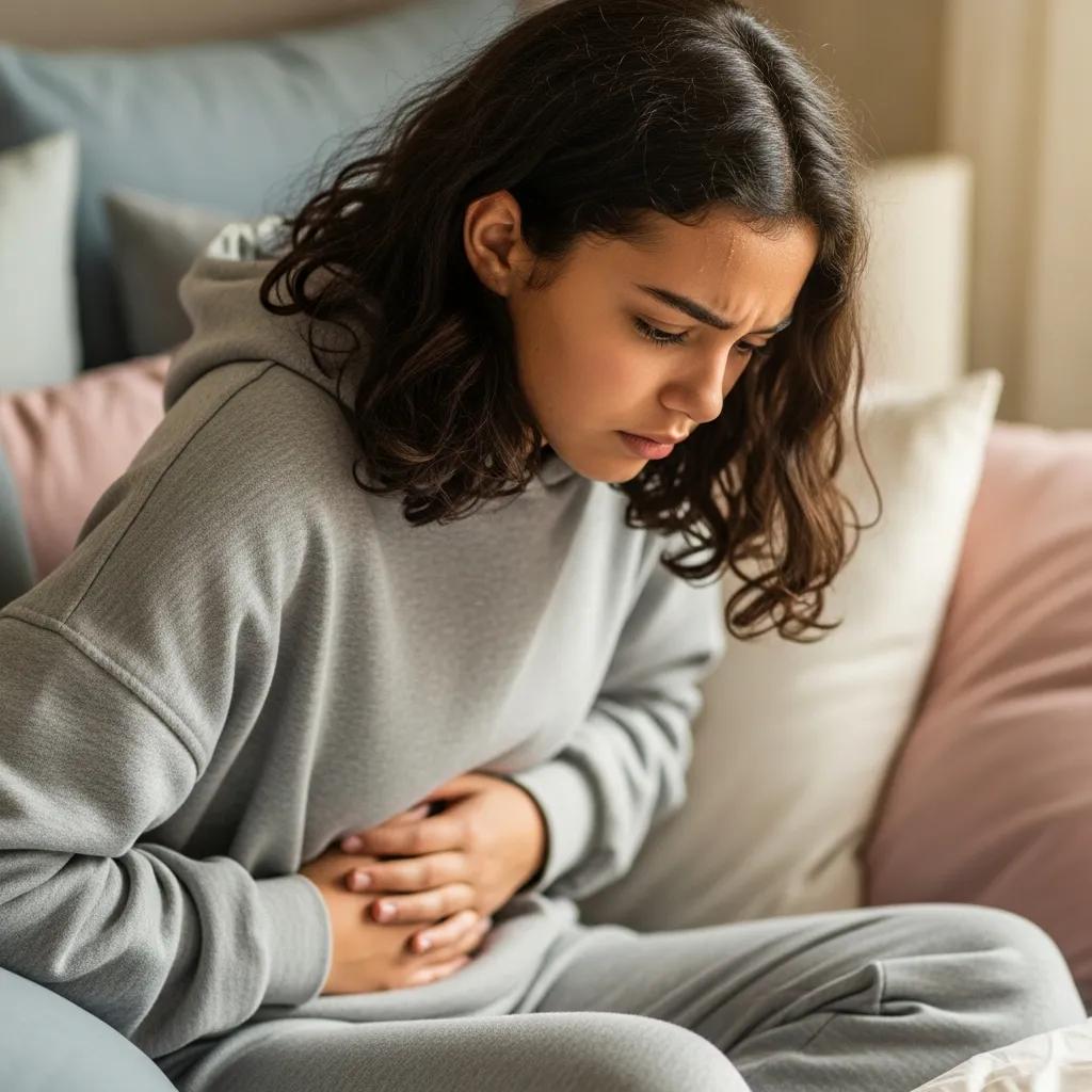 Teenage girl experiencing abdominal pain, illustrating early signs of endometriosis