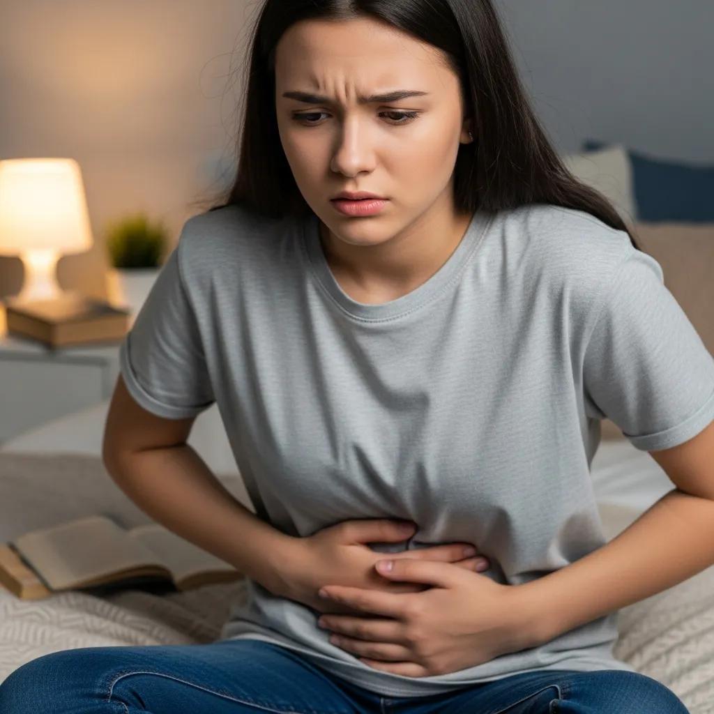 Teenage girl experiencing pelvic pain, holding her abdomen with a worried expression