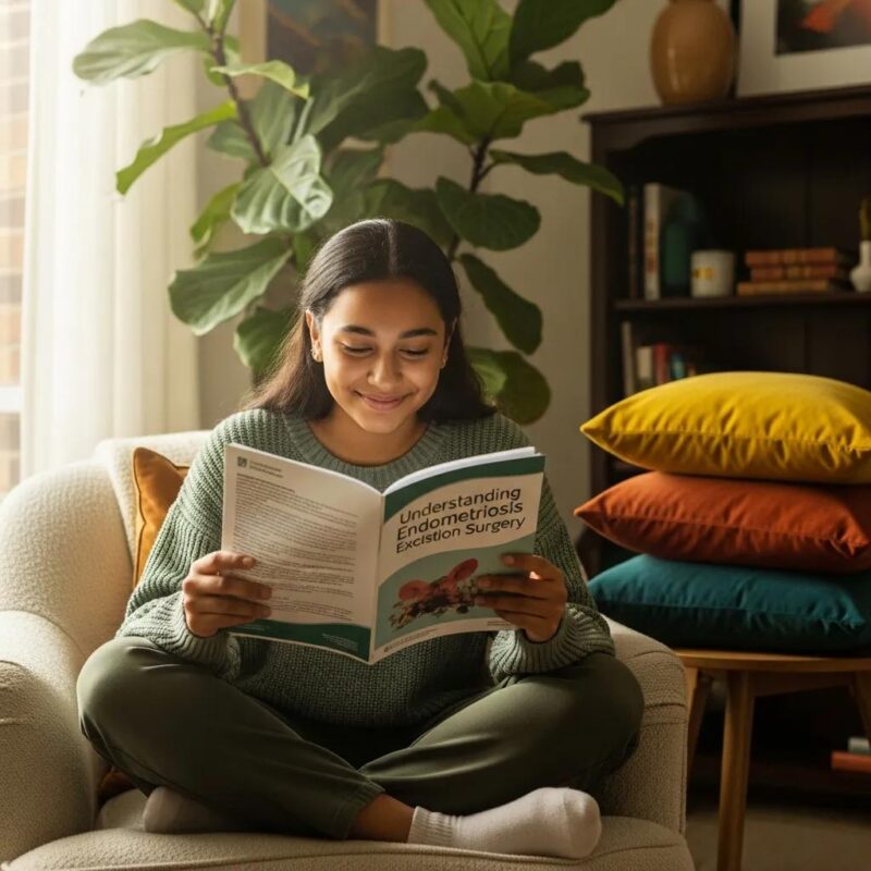 Teenage girl feeling hopeful about excision surgery for endometriosis, holding a medical brochure in a cozy room