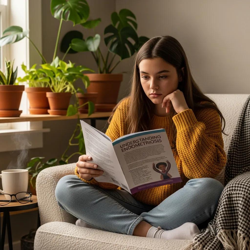 Teenage girl reading about endometriosis in a cozy room, emphasizing awareness and support