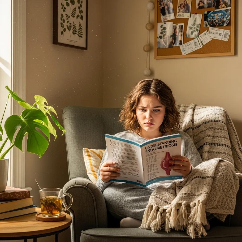 Teenage girl reading about endometriosis in a cozy room, reflecting curiosity and concern