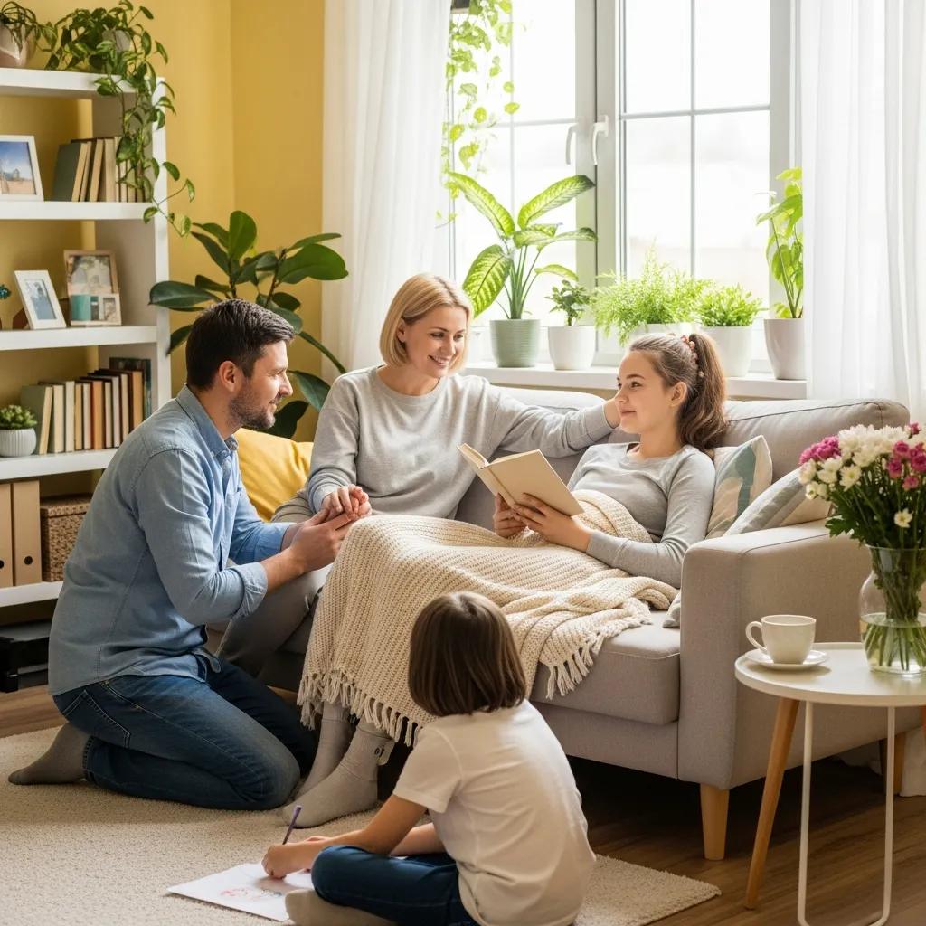 Teenage girl recovering at home with family support after laparoscopic excision surgery