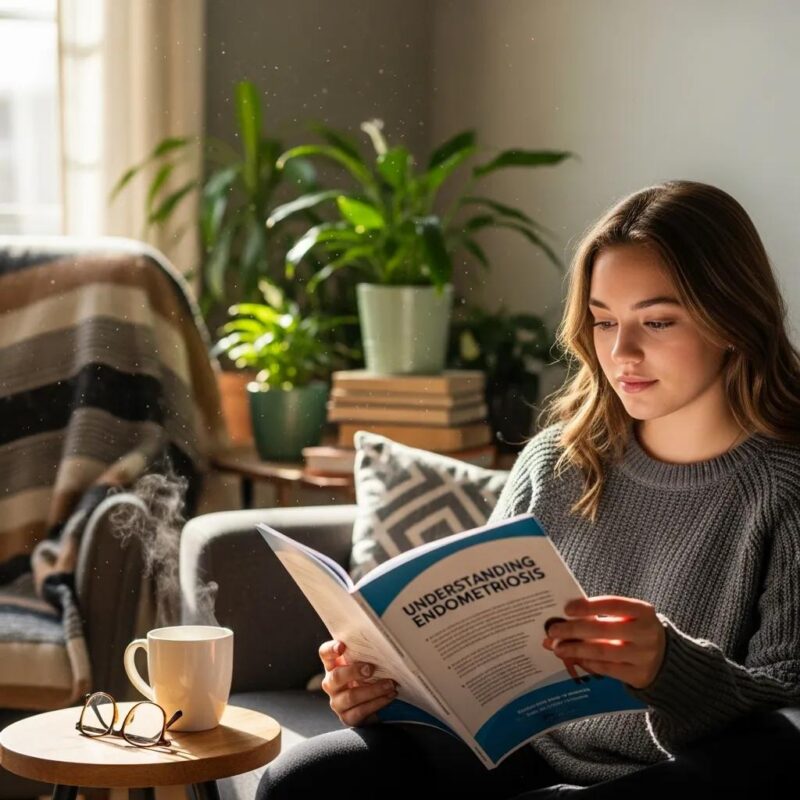 Teenage girl reviewing endometriosis information in a cozy home environment