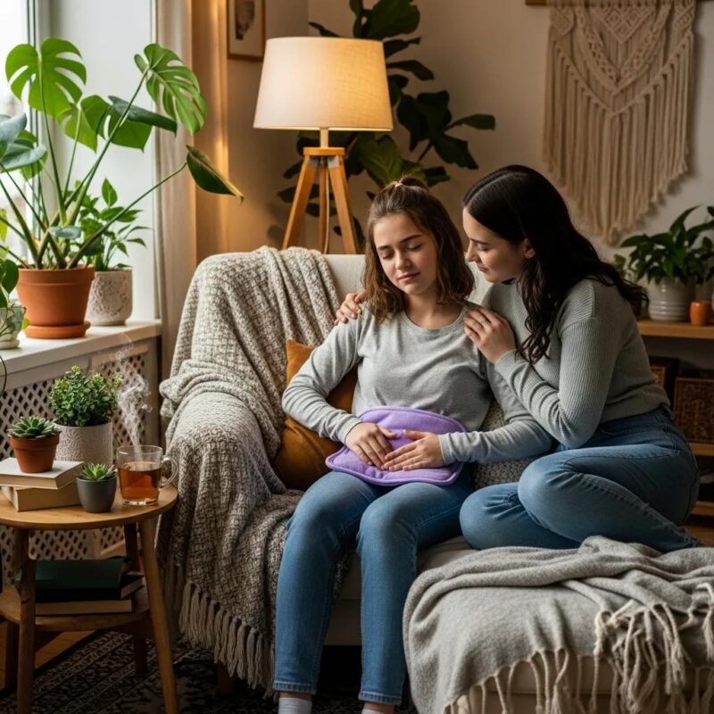 Teenage girl with heating pad for endometriosis pain management in a cozy room