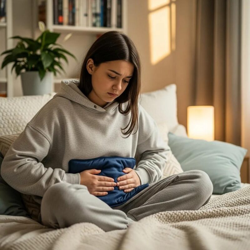 Teenage girl with heating pad on abdomen in cozy bedroom, representing endometriosis symptoms